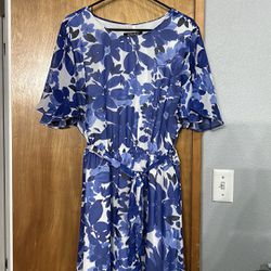 Preworn Kasper Dress Blue Floral XL Plus Size 