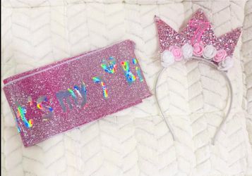 Girls 7th Birthday Party Decor 6 Table clothes Crown & Sash 2 bags of White Balloons Fillable # 7