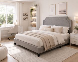 Full bed Upholstered Platform Bed Frame, Grey 50.6"-54.5" Tall Adjustable Minimalist Chenille Headboard, Strong Support, Noise-Free, No Box Spring Req