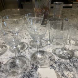 Wine & Water Flower Etched Glass Set 