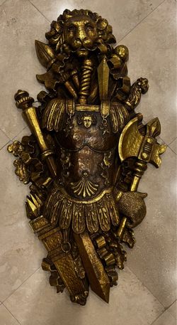 Large Gold Carved Warrior Lion Wall Plaque