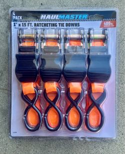 HAUL-MASTER 400 Ib. Capacity 1 in. x 15 ft. Ratcheting Tie Downs, 4 Pack
