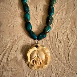 SAFIA Turquoise Nugget Necklace with Carved Bone Rose Pendant