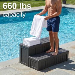 Hot Tub Steps with Storage 36.6" L Black Waterproof Plastic Outdoor Spa Stairs, Deck & Dock Access Stool