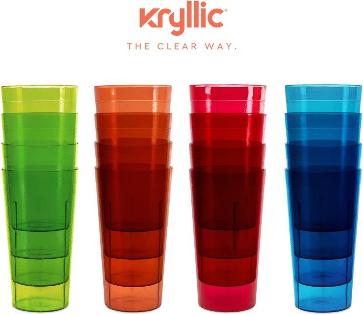 Plastic Tumblers Drinkware Glasses Cups - Acrylic Tumbler Set of 16 Break Resistant 20 oz. in 4 Assorted Colors Restaurant Quality Tumblers NEW IN BOX