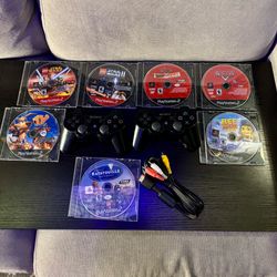 7 PlayStation 2 Games + 2 PS3 Wireless Controllers + AV Cable Bundle