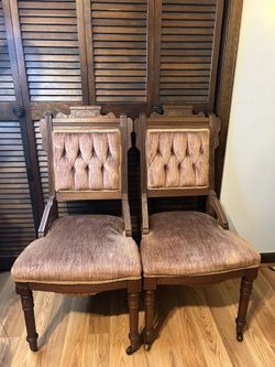 Antique 19th Century Parlor Chairs (Set of 2) – Ornate Wood & Velvet Upholstery