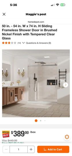 50 in. - 54 in. W x 74 in. H Sliding Frameless Shower Door in Brushed Nickel Finish with Tempered Clear Glass