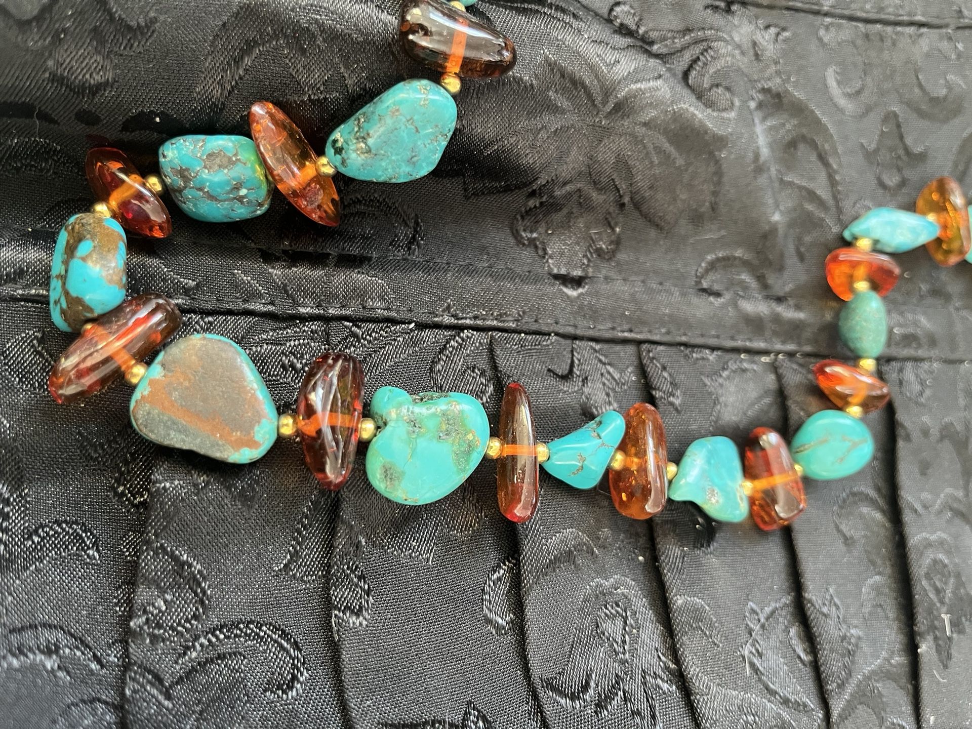 Vintage Natural Baltic Amber & Turquoise Nugget Bead Necklace 27