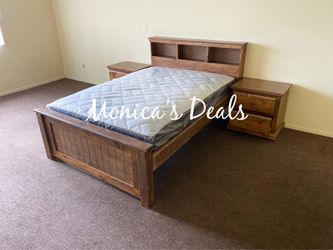 Full Solid Wood Bed With Mattress + 2 Nightstands $780