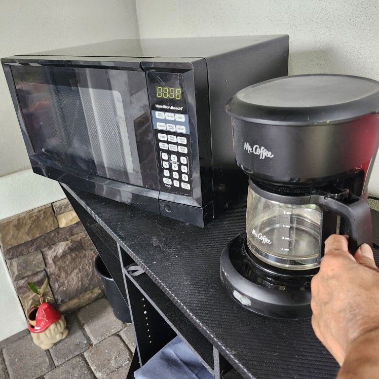 Apartment size compact black clean microwave oven and bonus personal coffee maker