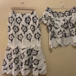 Handmade White & Black Appliqué Lace Two-Piece — Top + Skirt — Tailored Size ~12–14