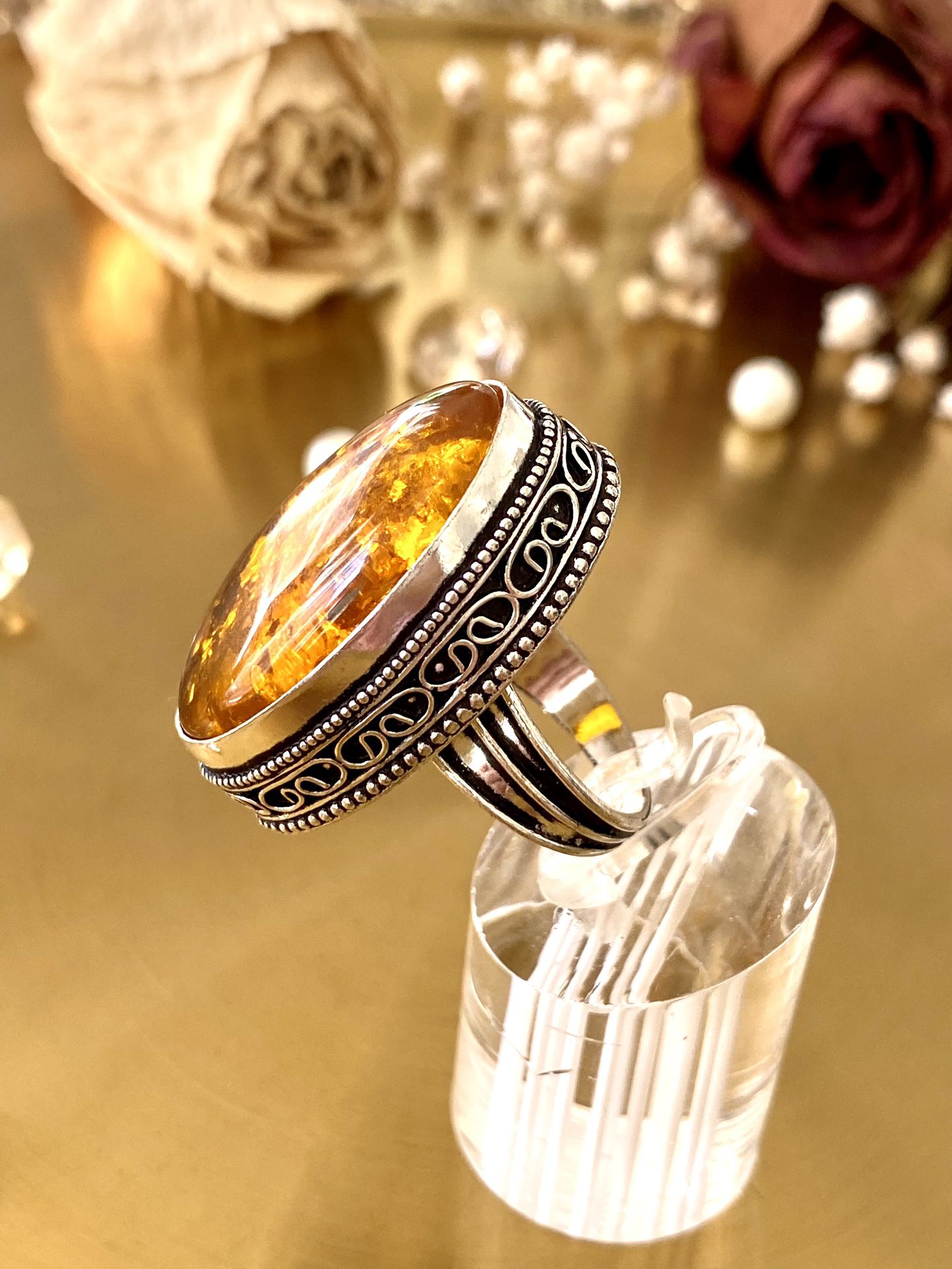 Baltic Amber 925 Sterling Silver Overlay Antique Style Ring Size 7.75