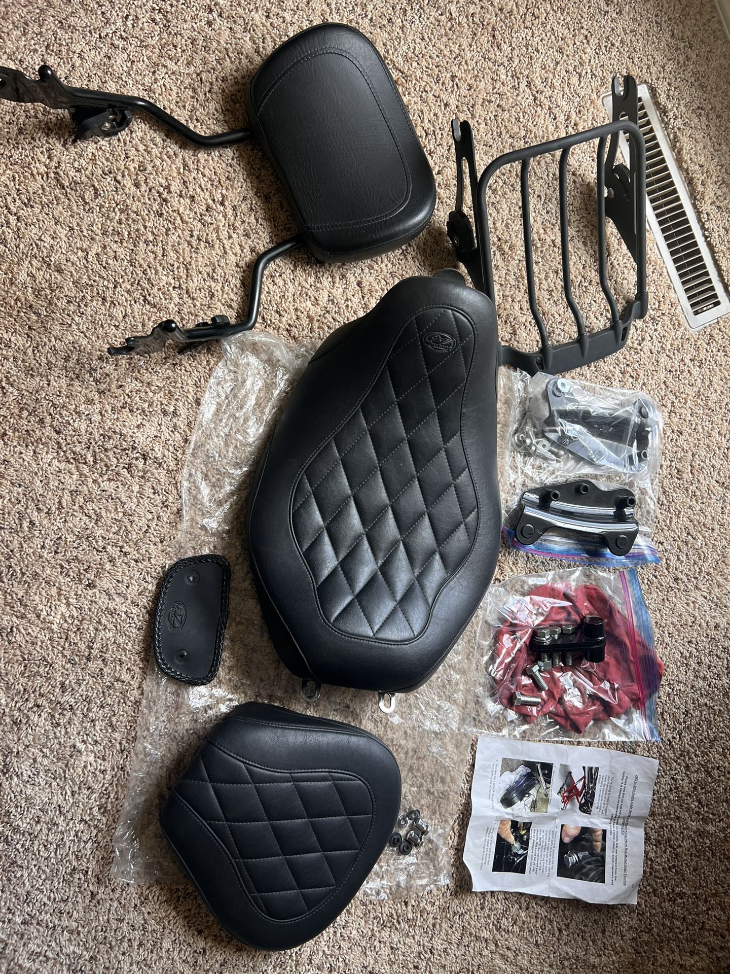 Motorcycle seat full set. Wide tripper solo & passenger with diamond stitching. with back and rack.