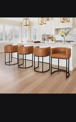 Counter Height Bar Stools Set of 4 
Modern Barrel Counter Stools with
Backrest and Arms, Black Metal Frames,
Faux Leather Upholstered Accent
Barstools