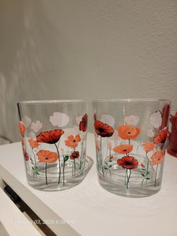 Vtg Style Clear Glass Tumblers Featuring Orange And Red Poppies 