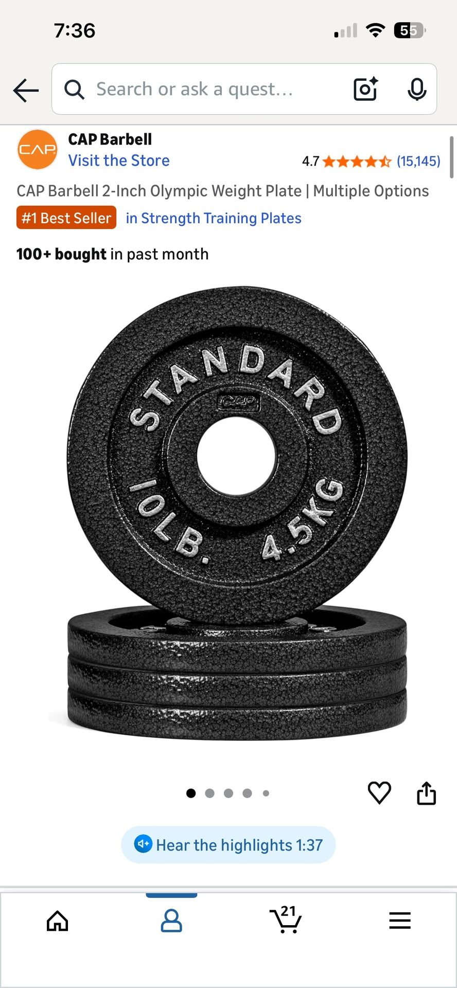CAP Barbell 2-Inch Olympic Weight Plate 40lb Set