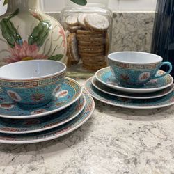 Vintage Chinese Famille Rose Porcelain Tea Cup and Saucer set Mun Shou pattern