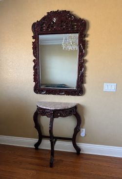 Elegant Solid Wood Console Table & Mirror Set with Marble Top