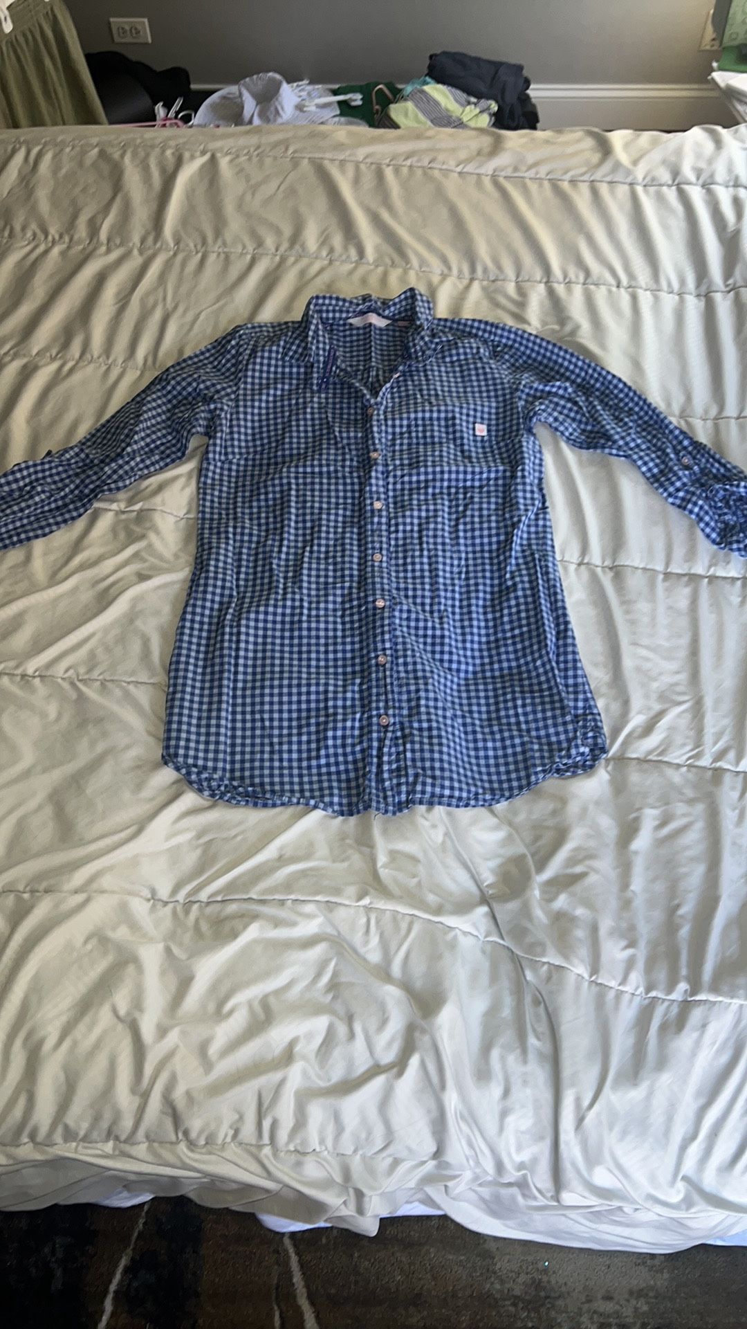 PINK Victoria Secret Blue Plaid Button Front Tunic Top Size XS 3/4 Sleeve
