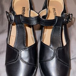 Black DADAWEN Women's Leather Classic T-Strap Platform Chunky Mid-Heel Mary Jane Square Toe Oxfords