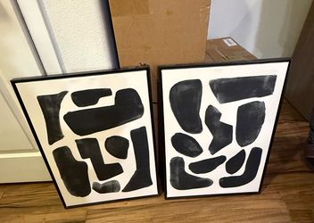 Set of 2 Modern Black & White Abstract Wall Art – Framed Canvas