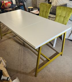 Luxury White Wood Dining Table Set w/ Gold Frame & Center Support Rail - Modern Designer Olive Velvet Chairs (Set Of 4)