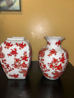 Red and White Porcelain Vase Set of 2