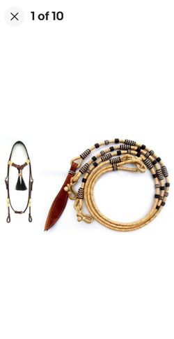 Set of Western Leather Headstall / Hand Braided Rawhide Show Romel