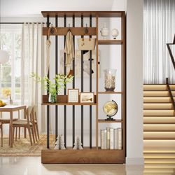 Wood and Metal Entryway Hall Tree with Shelves