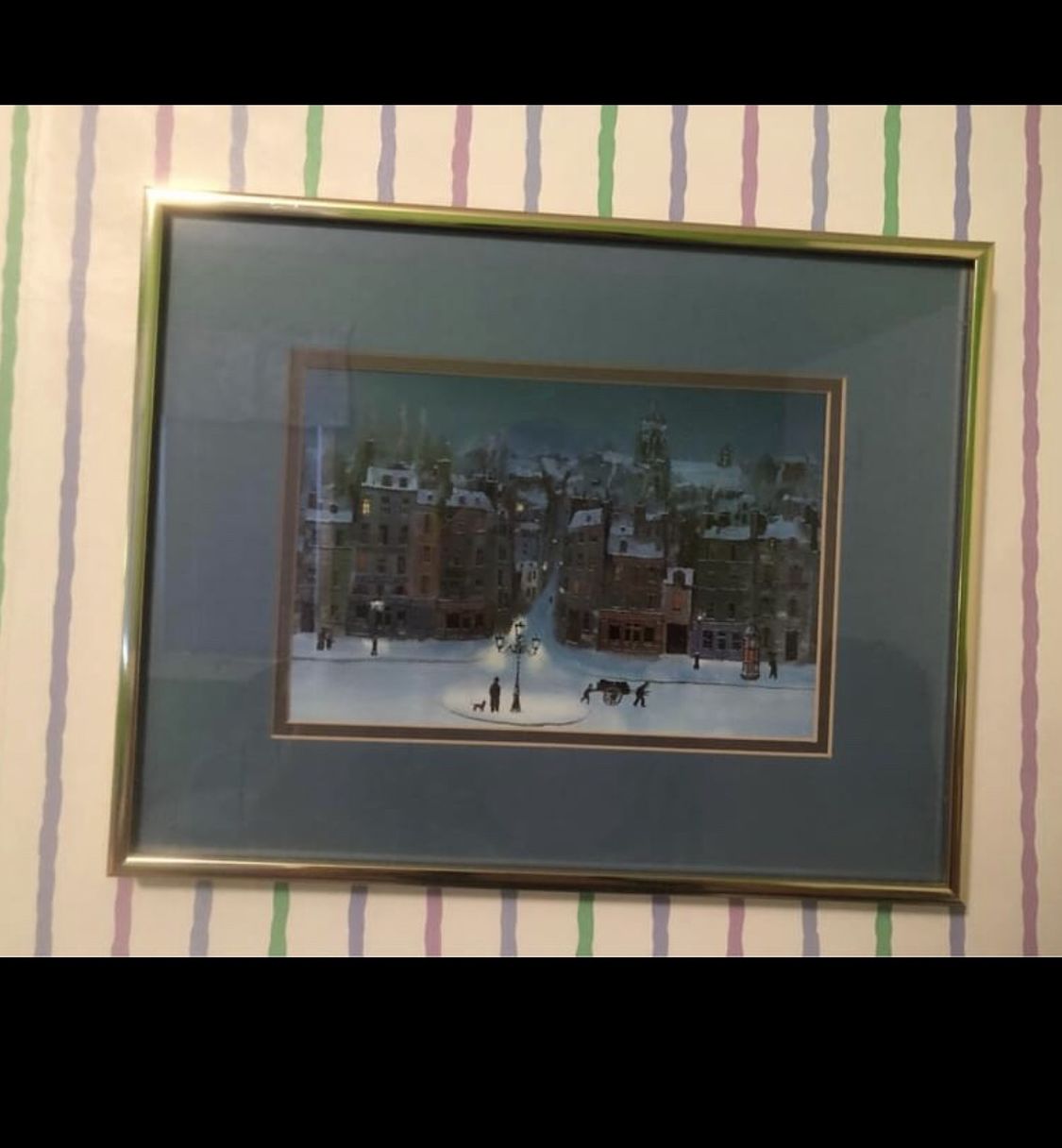 Blue framed and matted painting(print) - snowy square scene