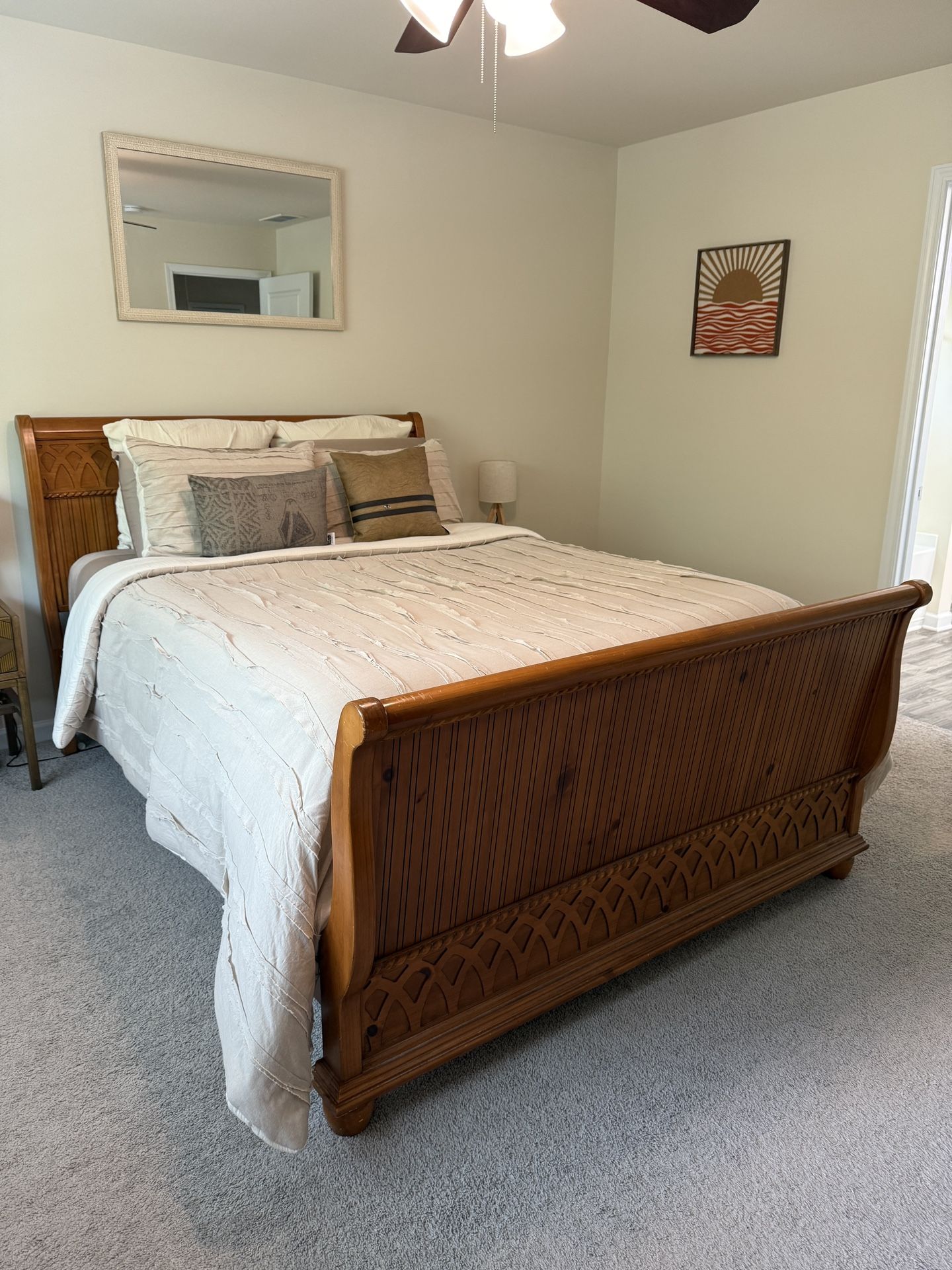 Queen Bed Footboard And Headboard With Matching 72” Dresser (With Attachable Mirror) And Night Stand