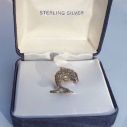 Sterling Silver Dolphin Brooch With Red Gem Eye and Storage Box, Silver Accents