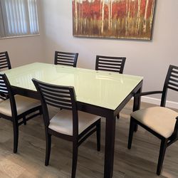 Dining Set / 6 Chairs- Pop Up Leaf / Wood/ Glasstop 