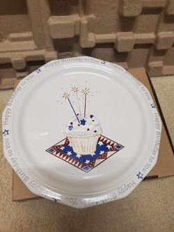 11" Pfaltzgraff July fourth patriotic red white blue cupcake stars strip birthday plate
