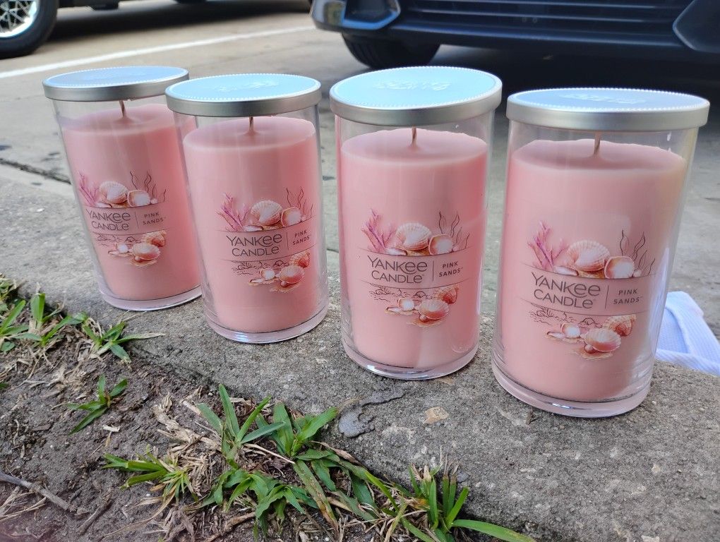 YANKEE CANDLE CO. 🕯️ Medium-Sizes PILLAR CANDLES 🕯️"PINK SANDS " 🩷 SCENTED LOT OF ×4 🕯️RETAILS @$19.99-$22.99+TAX PER CANDLE @ Local Retail Stores