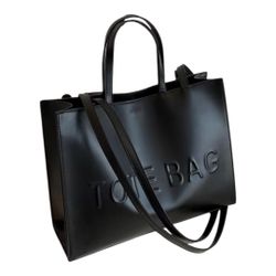 Black Leather Tote Bag with Shoulder Strap
