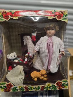 Vintage Collectors Choice ChristmasTheme Porcelain Doll and Accessories