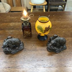 Vintage Lamp, Vase, Grizzly Bookends