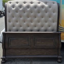 Dark Brown Wood Upholstered Sleigh Bed - Queen