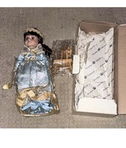 Roma Blue and Gold Porcelain Doll with Chair