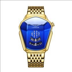 New Langsn Quartz Men's Gold Colored Watch Butterfly Clasp Metal BraceBlue Face!!!!!!!!!!!!!!!!!!!!!!!!!!!!!!!!!!!!!!!!!!!!!!!!!!!!!!!!!