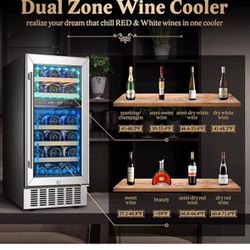 Upgraded 15 Inch Wine Cooler, 28 Bottle Dual Zone Wine Refrigerator with Stainless Steel Tempered Gl