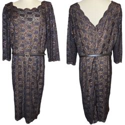 Alex Evenings Sequin Lace Brown 3/4 Sleeve Belted Sheath Dress NEW, size 16