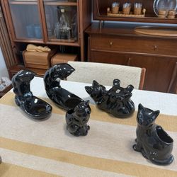 Vintage Mid Century set of 5 Planters Cats in Black Ceramic 