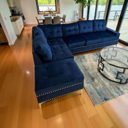 Sectional Sofa Blue Velvet Couch New Cup Holders 