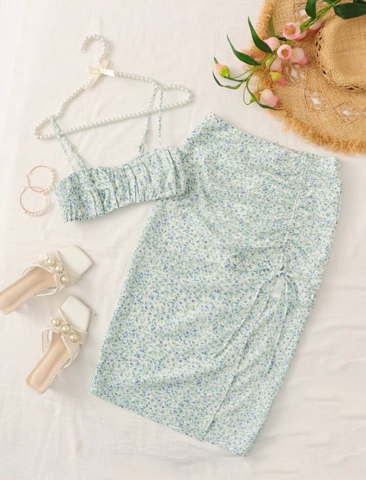 Top and Drastring Ruched Split Thigh Skirt