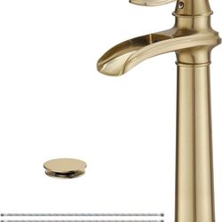 (Brand New in Box)  Brushed Gold Vessel Sink Faucet Waterfall Farmhouse Bathroom Faucets Single Hole Single Handle Lavatory Commercial Bath Vanity Tap