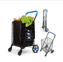 SereneLife Large Folding Utility Shopping Cart with Removable Liner -Heavy Duty, 360° Swivel Wheels, 110 lb Capacity, Portable for Groceries, Laundry