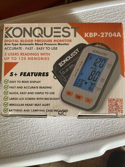 Konquest KBP-2704A Automatic Upper Arm Blood Pressure Monitor - Adjustable  Cuff - Large Backlit Display - Irregular Heartbeat